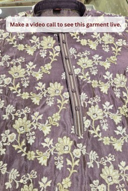 Lavender Tissue Embroidery Mens Wedding Kurta Pant  