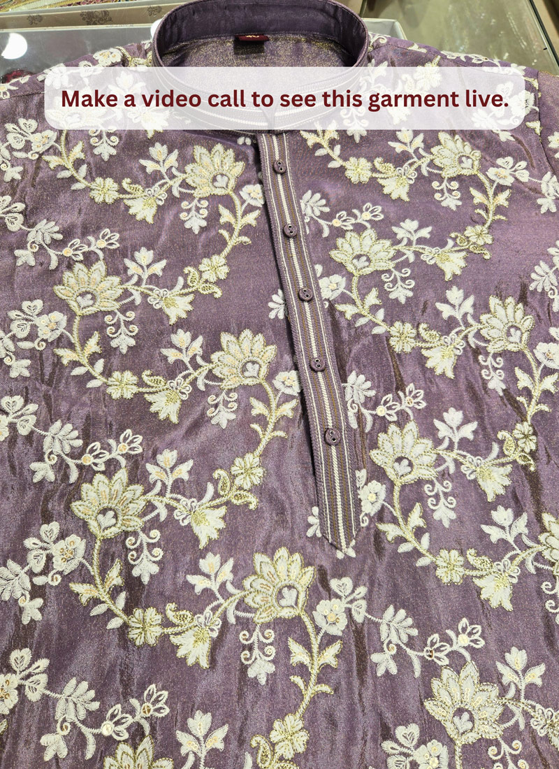 Lavender Tissue Embroidery Mens Wedding Kurta Pant  