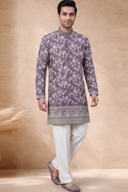 Lavender Tissue Embroidery Mens Wedding Kurta Pant  