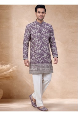 Lavender Tissue Embroidery Mens Wedding Kurta Pant  