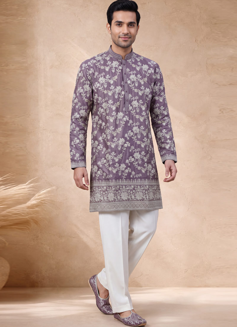 Lavender Tissue Embroidery Mens Wedding Kurta Pant  