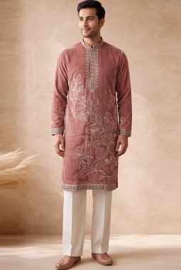 Deep Mauve Tissue Embroidery Mens Festive Wear Kurta Pant