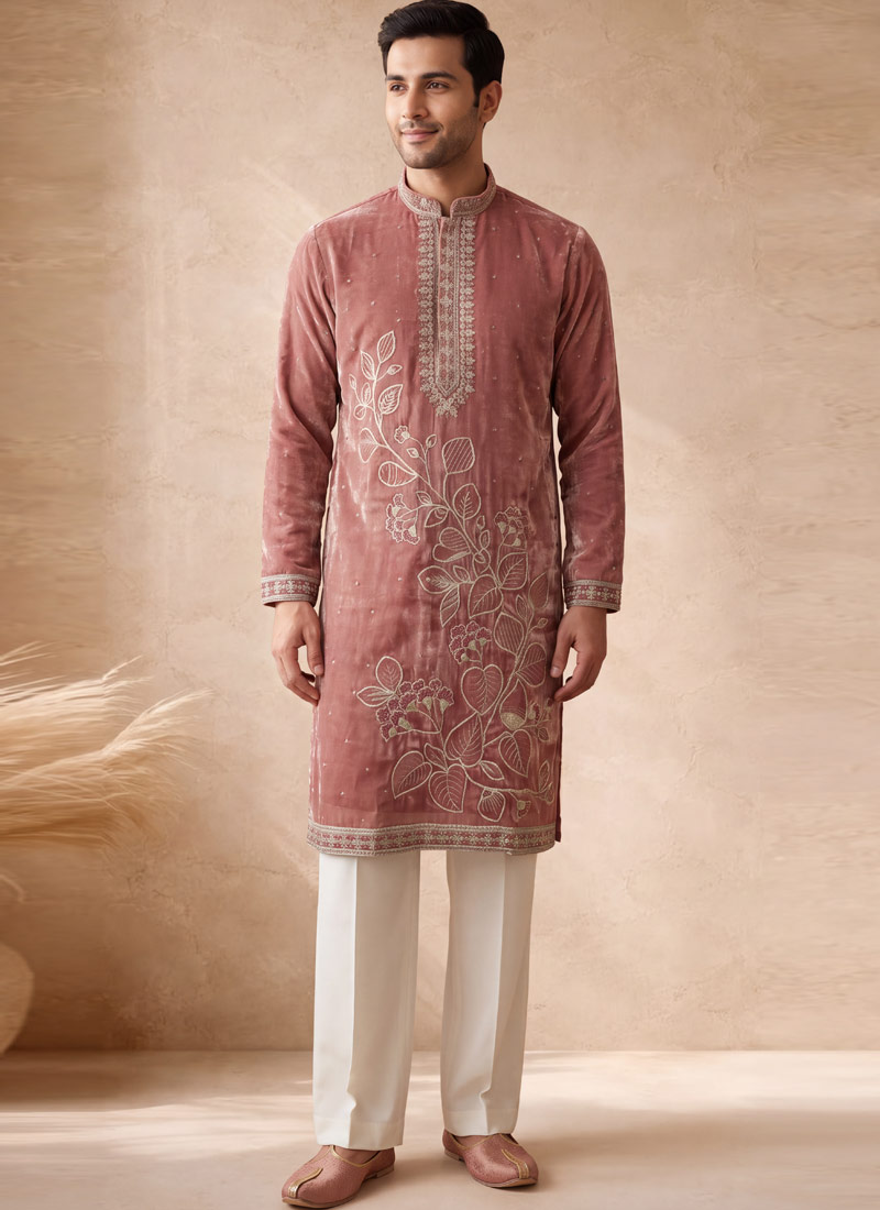 Deep Mauve Tissue Embroidery Mens Festive Wear Kurta Pant