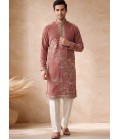 Deep Mauve Tissue Embroidery Mens Festive Wear Kurta Pant
