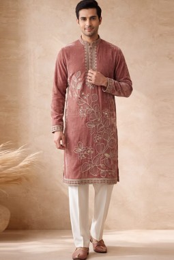 Deep Mauve Tissue Embroidery Mens Festive Wear Kurta Pant