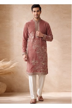 Deep Mauve Tissue Embroidery Mens Festive Wear Kurta Pant