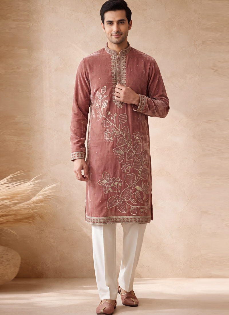 Deep Mauve Tissue Embroidery Mens Festive Wear Kurta Pant