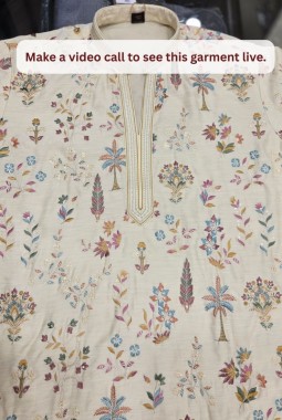 Cream Art Silk Embroidery Festive Wear Kurta Set