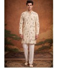 Cream Art Silk Embroidery Festive Wear Kurta Set