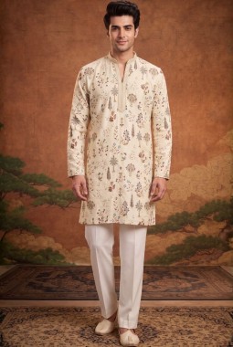 Cream Art Silk Embroidery Festive Wear Kurta Set