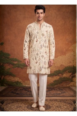Cream Art Silk Embroidery Festive Wear Kurta Set