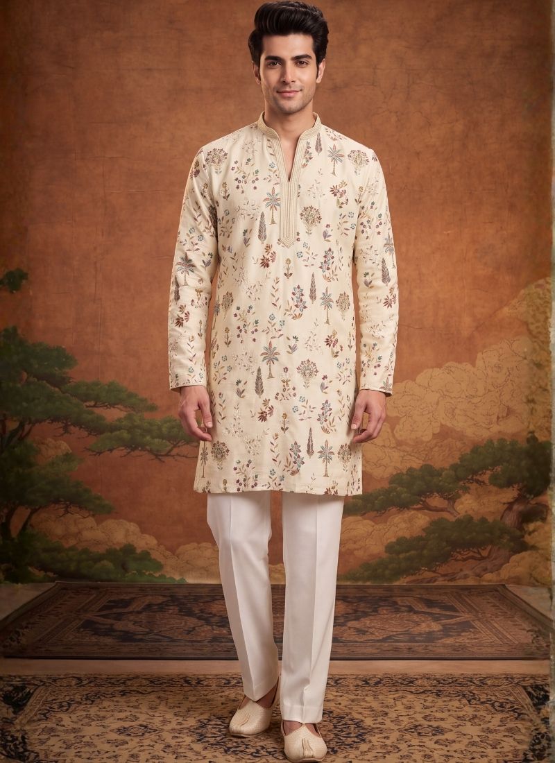 Cream Art Silk Embroidery Festive Wear Kurta Set