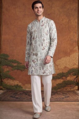 Pista Art Silk Embroidery Mens Festive Wear Kurta Set