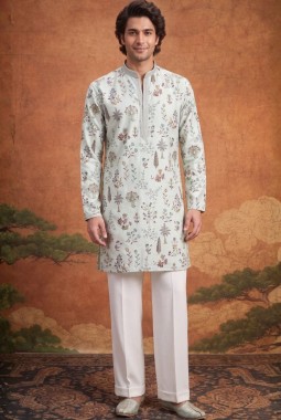 Pista Art Silk Embroidery Mens Festive Wear Kurta Set