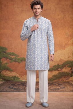 Off White Silk Embroidery Mens Festive Wear Kurta Set