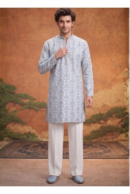 Off White Silk Embroidery Mens Festive Wear Kurta Set