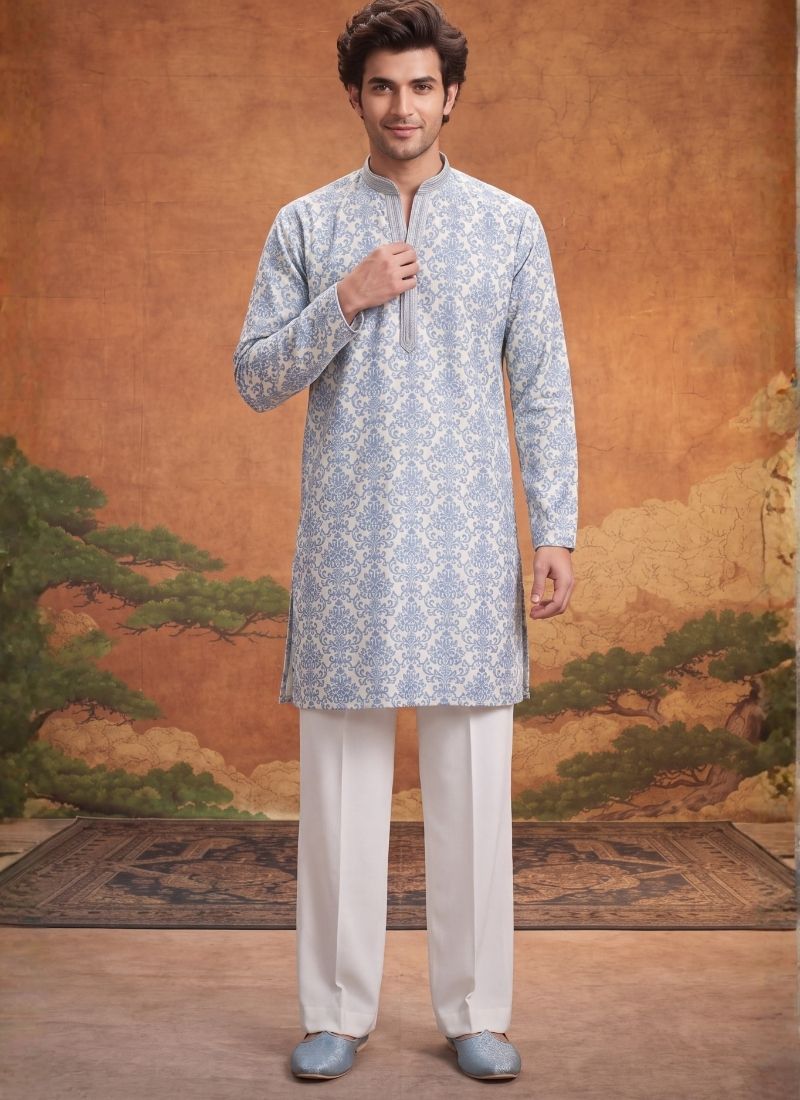 Off White Silk Embroidery Mens Festive Wear Kurta Set