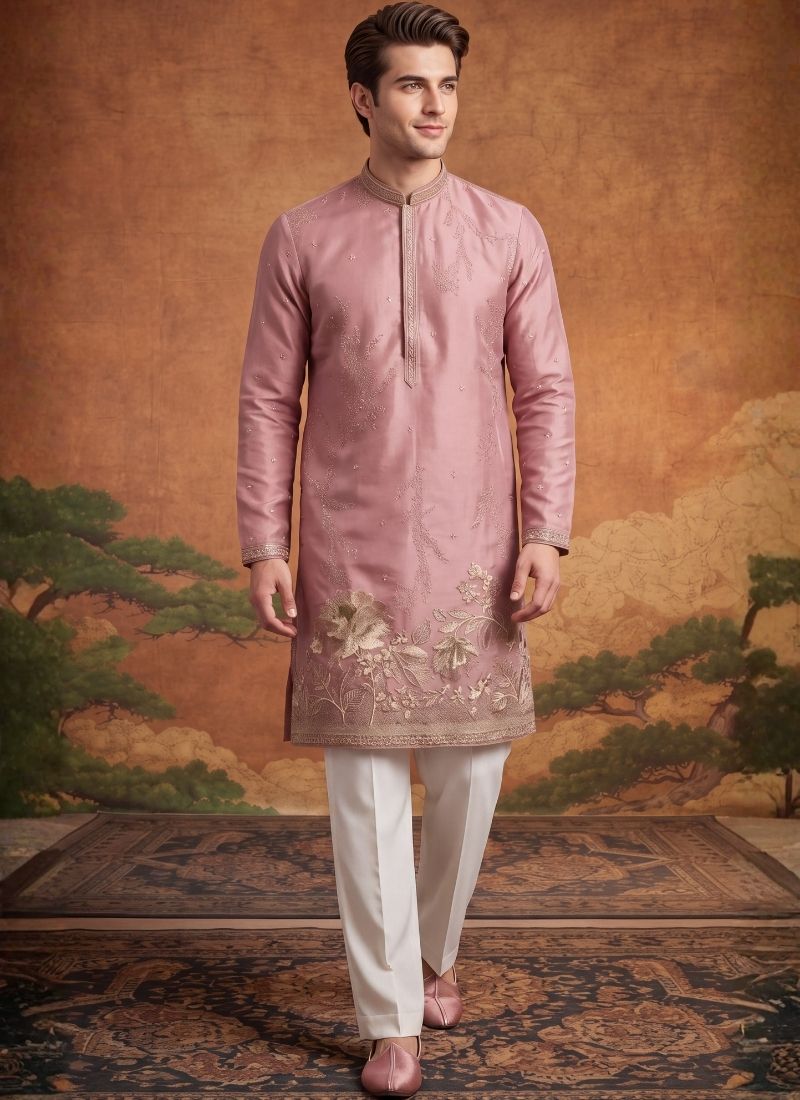 Onion Tissue Embroidery Mens Festive Wear Kurta Pant