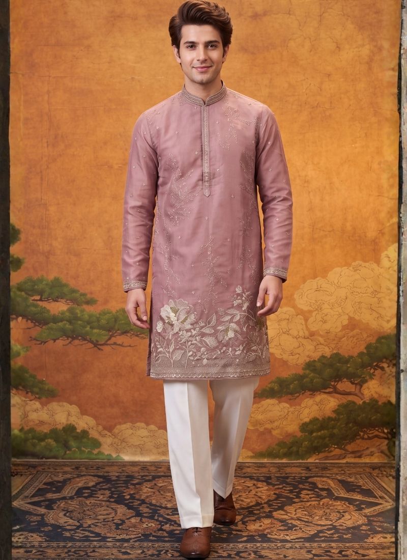 Onion Tissue Embroidery Mens Festive Wear Kurta Pant