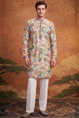 Multi Color Art Silk Embroidery Mens Festive Wear Kurta Set