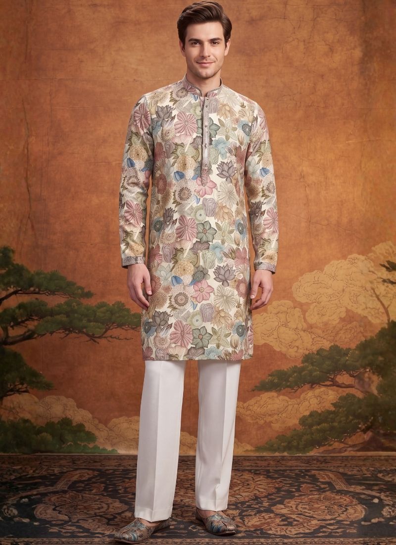 Multi Color Art Silk Embroidery Mens Festive Wear Kurta Set