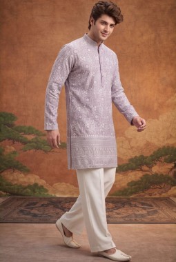 Lilac Georgette Embroidery Mens Festive Wear Kurta Set