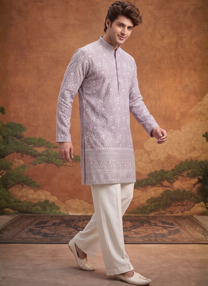 Lilac Georgette Embroidery Mens Festive Wear Kurta Set