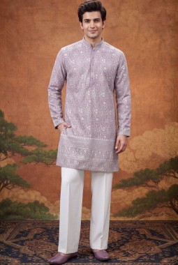 Lilac Georgette Embroidery Mens Festive Wear Kurta Set