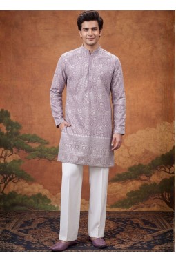 Lilac Georgette Embroidery Mens Festive Wear Kurta Set