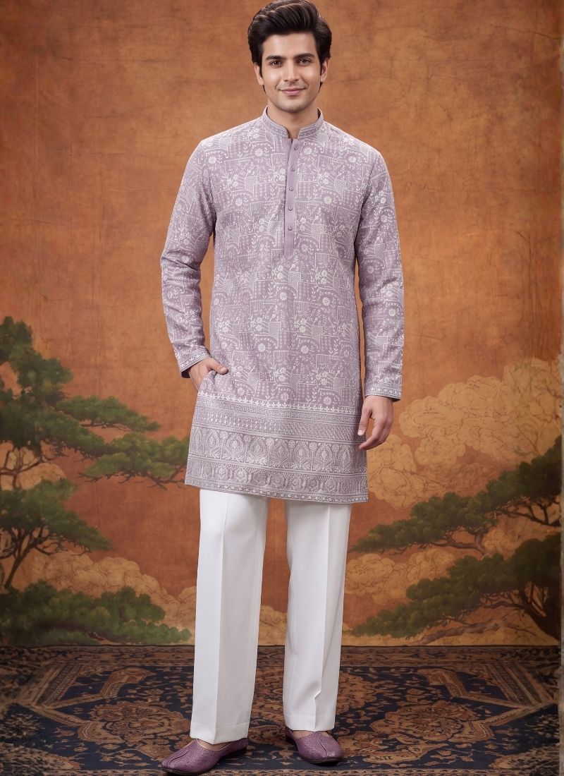 Lilac Georgette Embroidery Mens Festive Wear Kurta Set