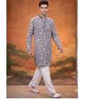Steel Grey Georgette Embroidery Mens Festive Wear Kurta Set