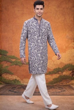 Steel Grey Georgette Embroidery Mens Festive Wear Kurta Set