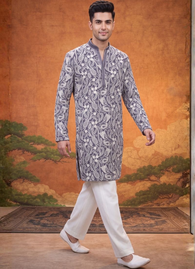 Steel Grey Georgette Embroidery Mens Festive Wear Kurta Set