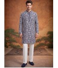 Steel Grey Georgette Embroidery Mens Festive Wear Kurta Set