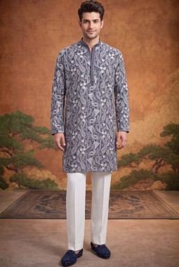 Steel Grey Georgette Embroidery Mens Festive Wear Kurta Set