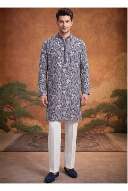 Steel Grey Georgette Embroidery Mens Festive Wear Kurta Set