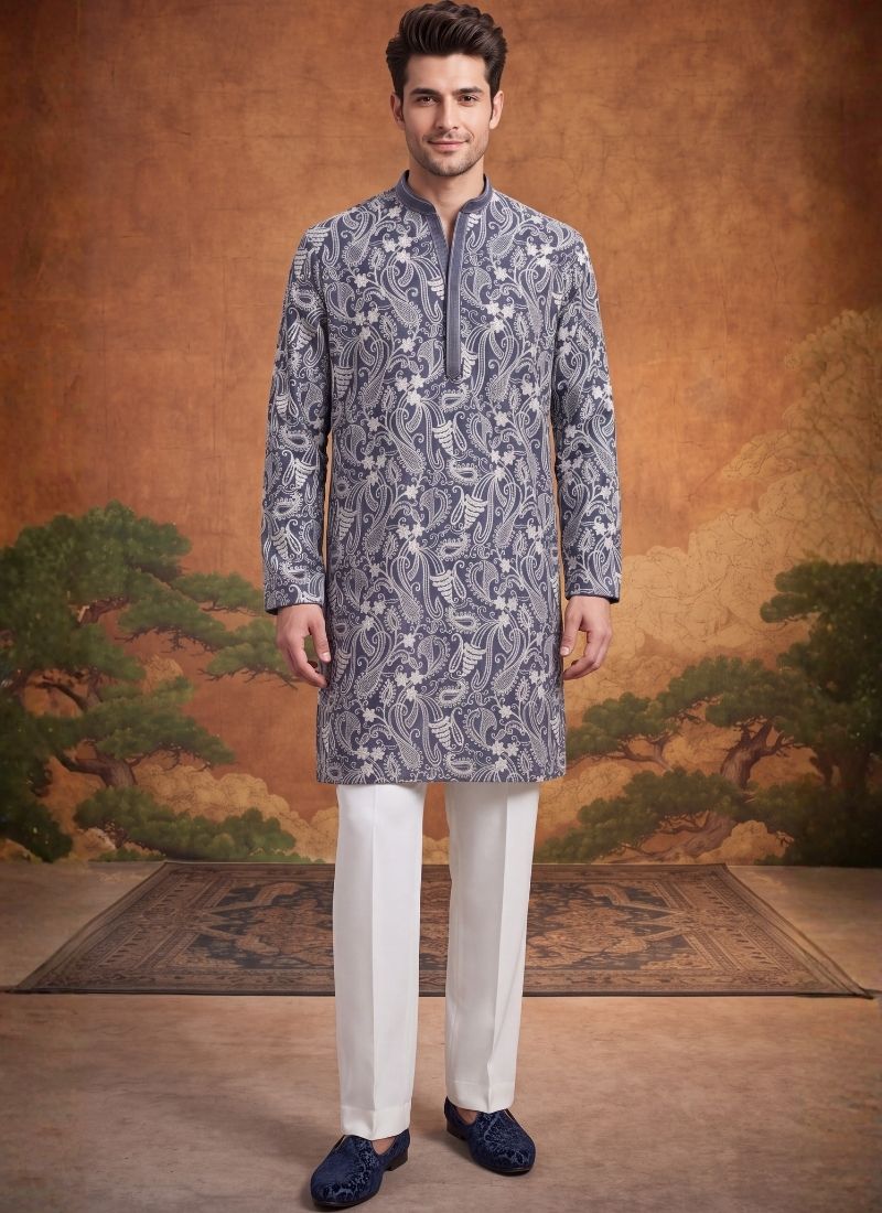 Steel Grey Georgette Embroidery Mens Festive Wear Kurta Set