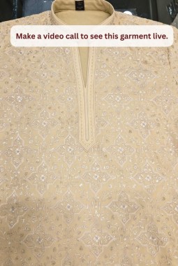 Dark Cream Georgette Embroidery Mens Festive Wear Kurta Set