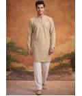 Dark Cream Georgette Embroidery Mens Festive Wear Kurta Set