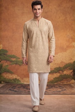 Dark Cream Georgette Embroidery Mens Festive Wear Kurta Set