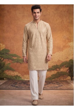 Dark Cream Georgette Embroidery Mens Festive Wear Kurta Set