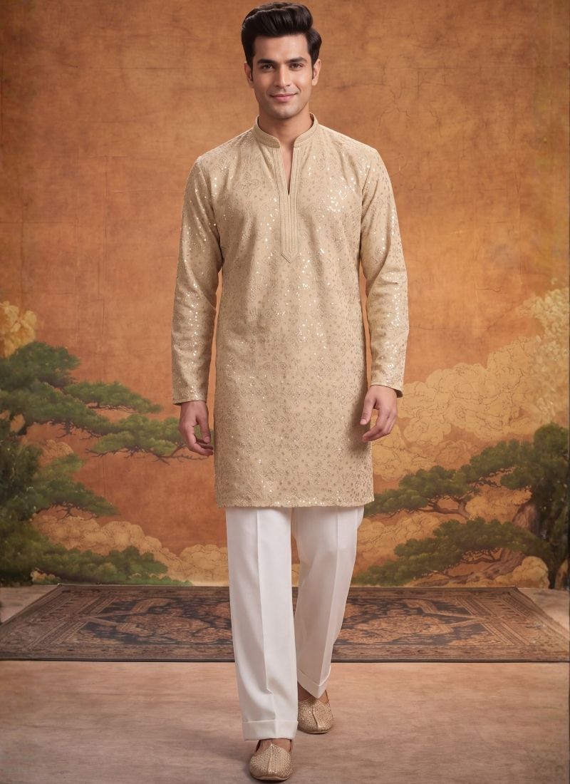 Dark Cream Georgette Embroidery Mens Festive Wear Kurta Set