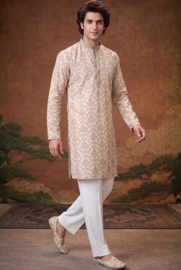 Off White Art Silk Embroidery Mens Festive Wear Kurta Pant