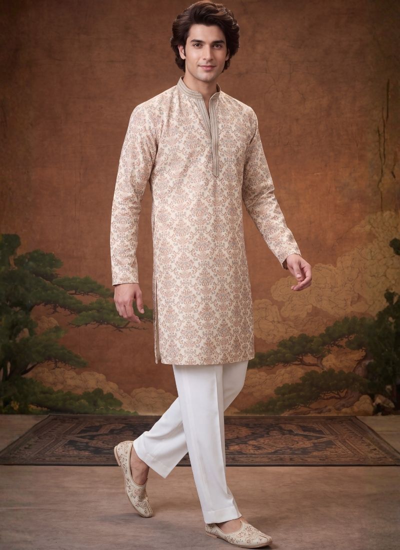 Off White Art Silk Embroidery Mens Festive Wear Kurta Pant