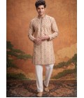 Off White Art Silk Embroidery Mens Festive Wear Kurta Pant
