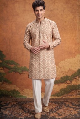 Off White Art Silk Embroidery Mens Festive Wear Kurta Pant