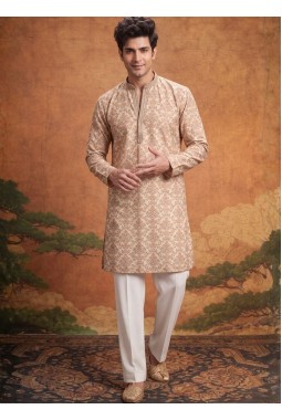 Off White Art Silk Embroidery Mens Festive Wear Kurta Pant