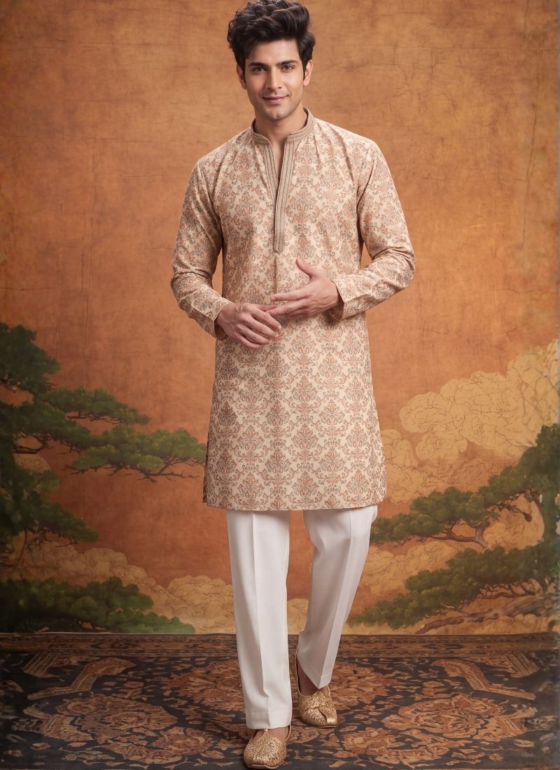 Off White Art Silk Embroidery Mens Festive Wear Kurta Pant