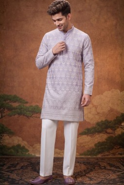 Lilac Tissue Silk Embroidery Mens Festive Wear Kurta Set