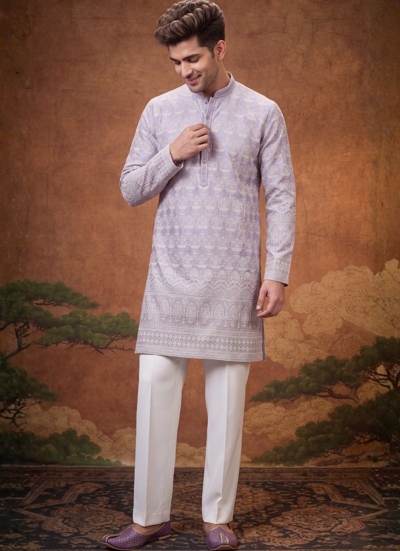 Lilac Tissue Silk Embroidery Mens Festive Wear Kurta Set